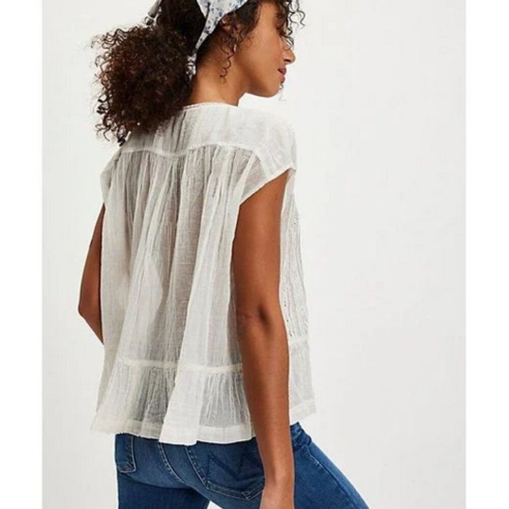 Free People FP One Georgia Blouse Top Lace Trim Capped Sleeve XS - Picture 6 of 10
